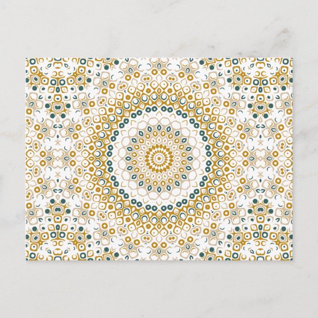 Golden and Green Geometric Mandala Pattern Postcard (Front)