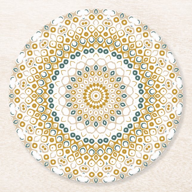 Golden and Green Geometric Mandala Pattern Round Paper Coaster (Front)