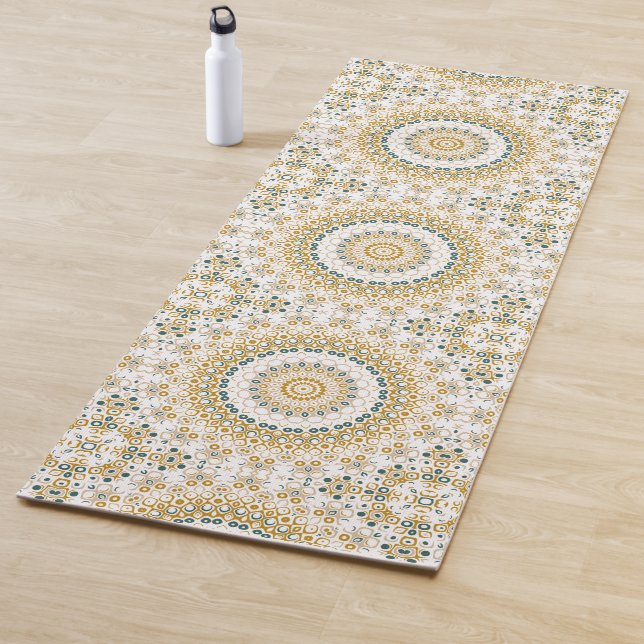Golden and Green Geometric Mandala Pattern Yoga Mat (In Situ)