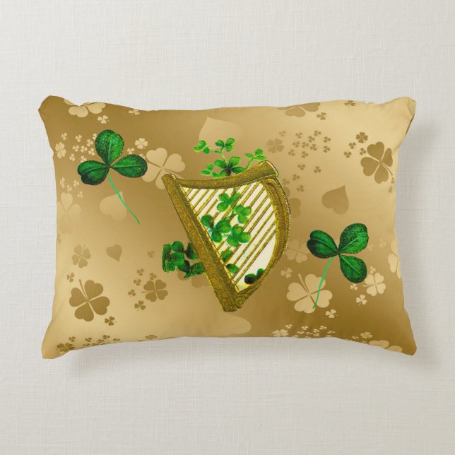 Golden and Green Shamrocks Harp Decorative Cushion (Front)
