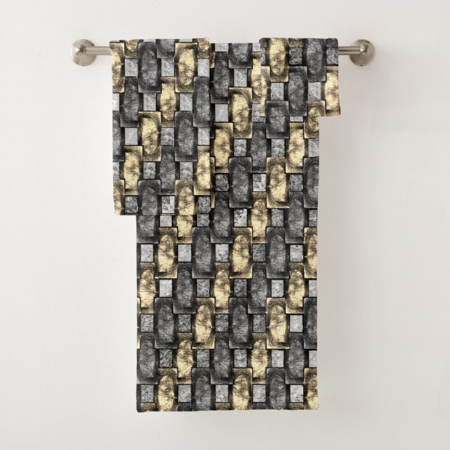 Golden and grey stain, carved rectangular pieces bath towel set (Insitu)