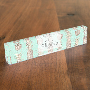 Golden and mint pineapples pattern nameplate