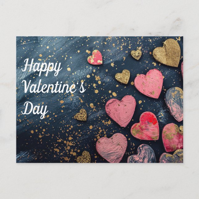 Golden and Pink Hearts on dark ground Valentine's Postcard (Front)