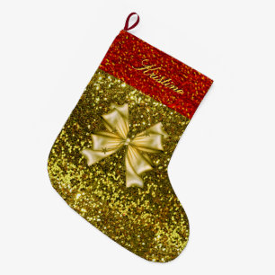 Golden and Red Glitters with Bow Large Christmas Stocking