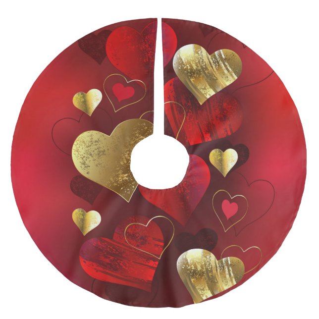 Golden and red valentines brushed polyester tree skirt (Front)