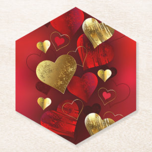 Golden and red valentines paper coaster