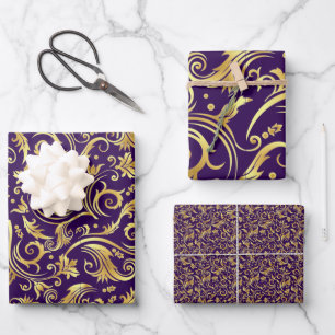 Golden and Royal Purple Scroll Wrapping Paper Sheet
