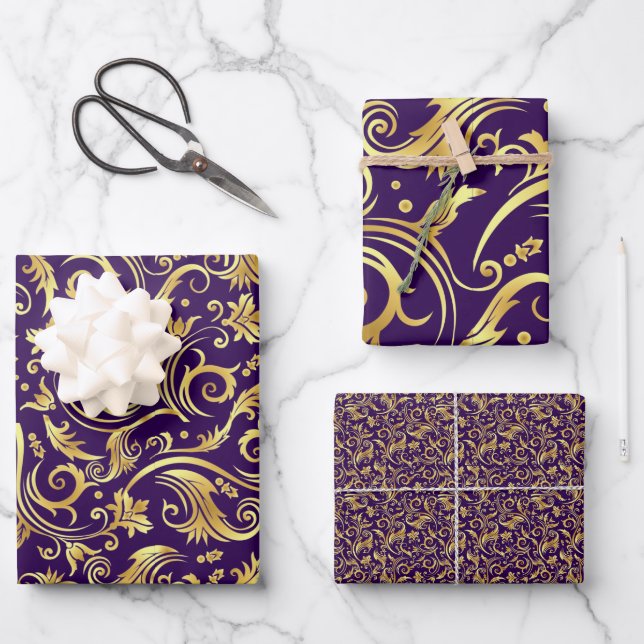Golden and Royal Purple Scroll Wrapping Paper Sheet (Front)