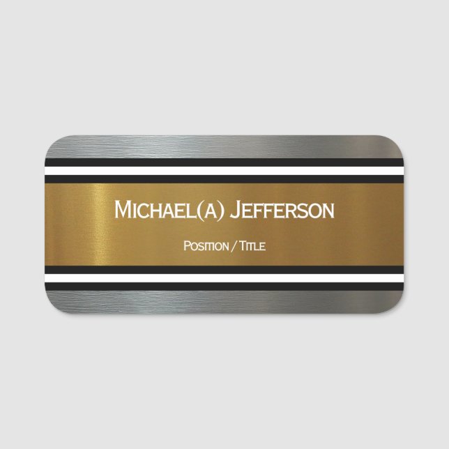 Golden and Silver Elegant Metallic Professional Name Tag (Front)