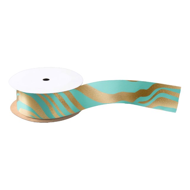 Golden and Teal Animal Stripes Satin Ribbon (Spool)