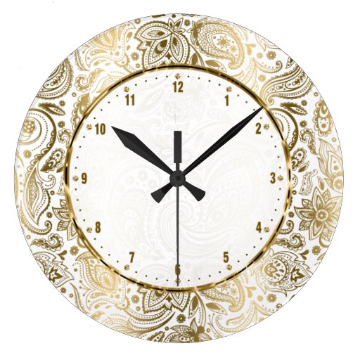 Image of Golden And White Floral Paisley Large Clock