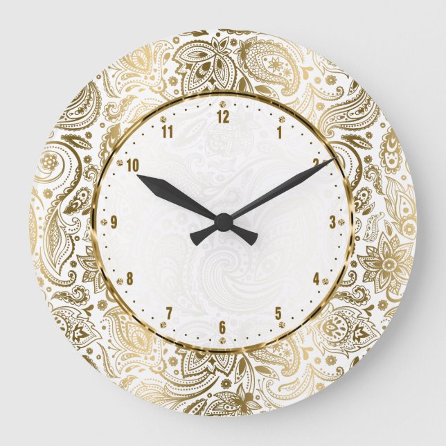 Golden And White Floral Paisley Large Clock (Front)