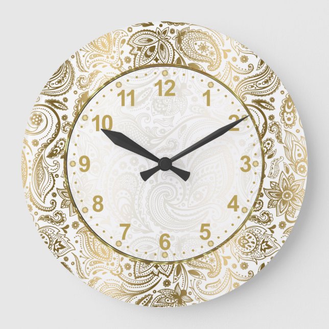 Golden And White Floral Paisley Large Clock (Front)
