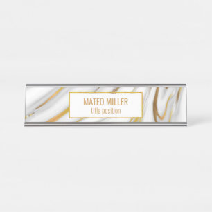 Golden And White Marble Desk Name Plate