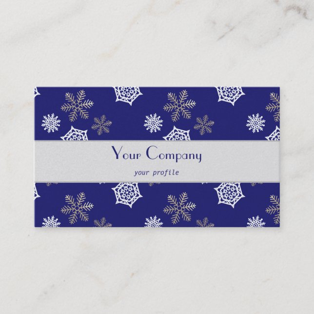 golden and white snowflakes against midnight blue business card (Front)