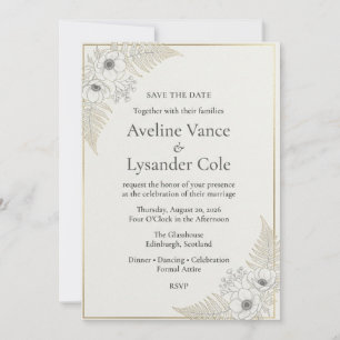Golden Anemones, Fern Fronds, Minimalist Border Fr Invitation