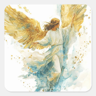 Golden Angel Religious Catholic Angelic Art Square Sticker