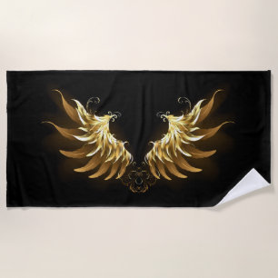 Golden Angel Wings on Black background Beach Towel