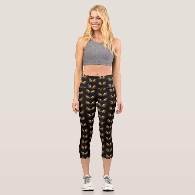 Golden Angel Wings on Black background Capri Leggings (Front)