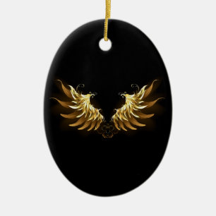 Golden Angel Wings on Black background Ceramic Tree Decoration