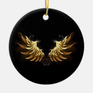 Golden Angel Wings on Black background Ceramic Tree Decoration