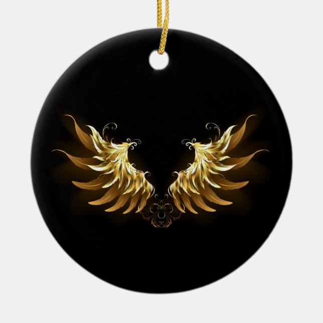 Golden Angel Wings on Black background Ceramic Tree Decoration (Front)