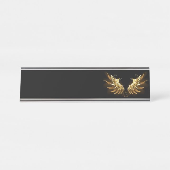 Golden Angel Wings on Black background Desk Name Plate (Front)