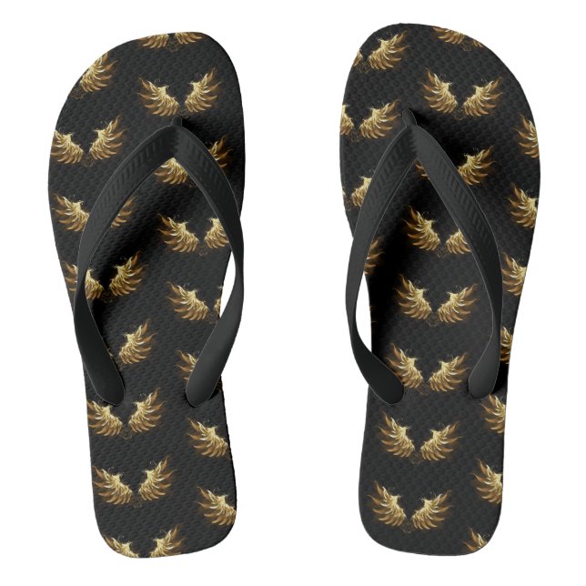 Golden Angel Wings on Black background Flip Flops (Footbed)