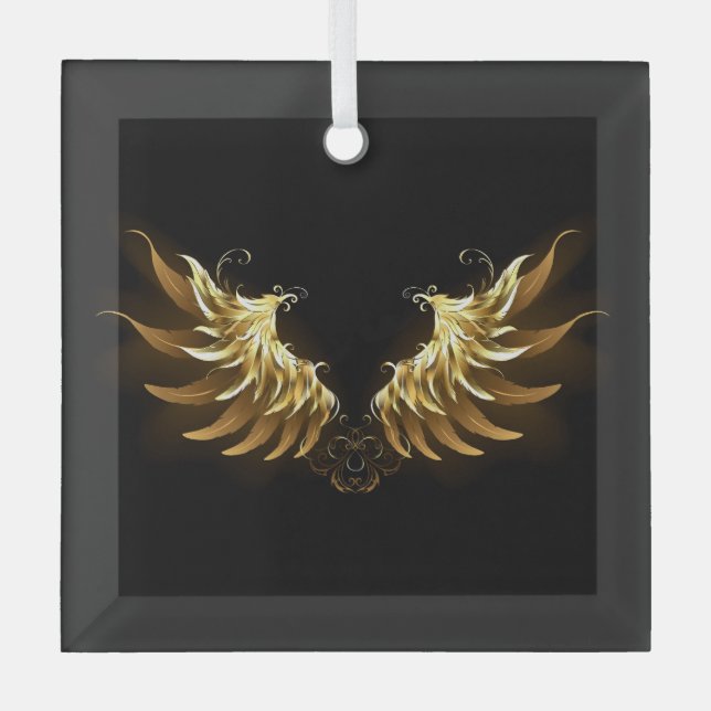 Golden Angel Wings on Black background Glass Tree Decoration (Front)