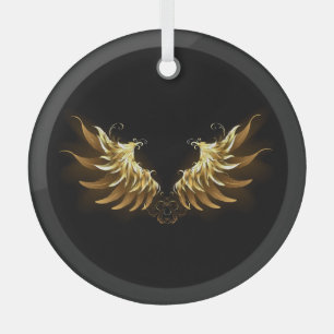 Golden Angel Wings on Black background Glass Tree Decoration