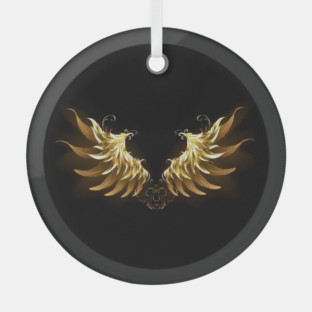 Golden Angel Wings on Black background Glass Tree Decoration (Front)