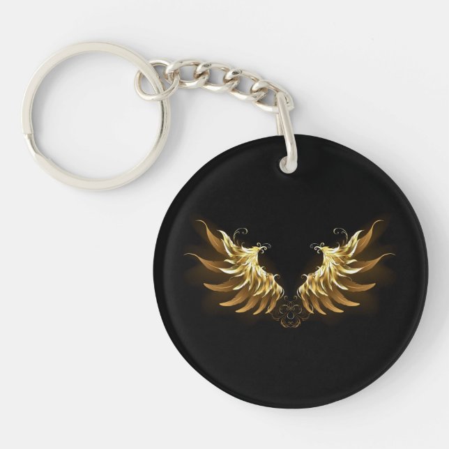 Golden Angel Wings on Black background Key Ring (Front)