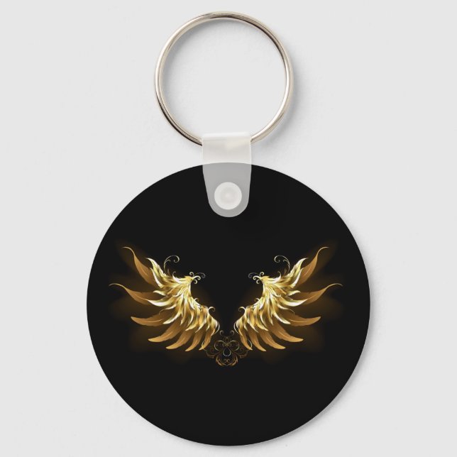 Golden Angel Wings on Black background Key Ring (Front)
