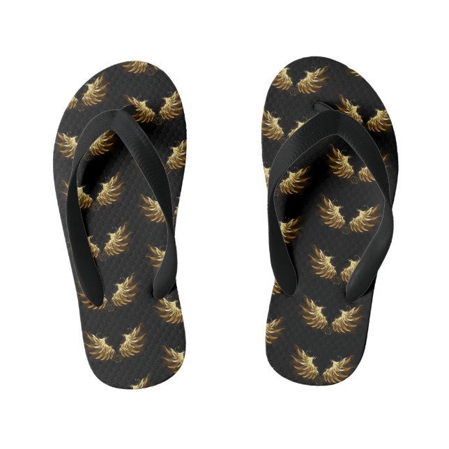 Golden Angel Wings on Black background Kid's Flip Flops (Footbed)