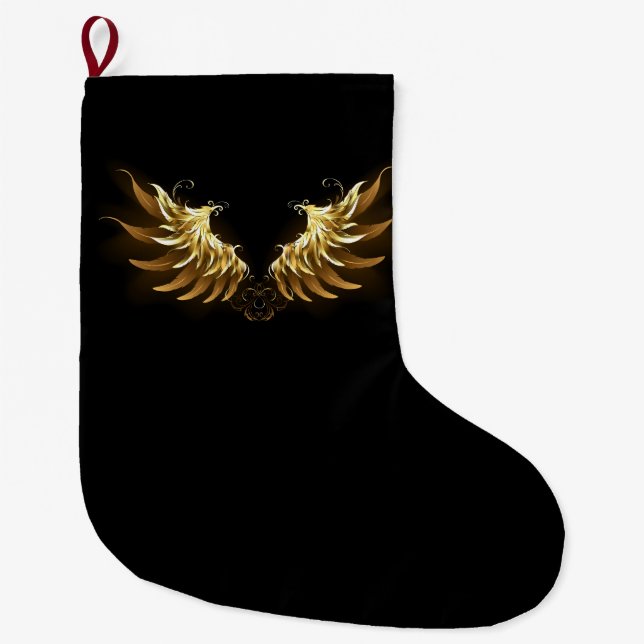 Golden Angel Wings on Black background Large Christmas Stocking (Front)
