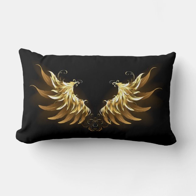 Golden Angel Wings on Black background Lumbar Cushion (Front)
