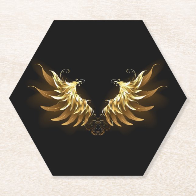 Golden Angel Wings on Black background Paper Coaster (Front)