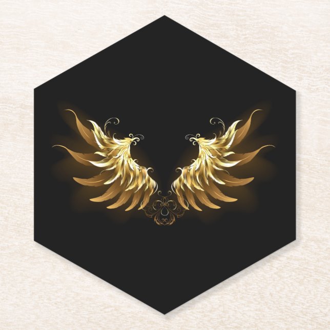 Golden Angel Wings on Black background Paper Coaster (Front)
