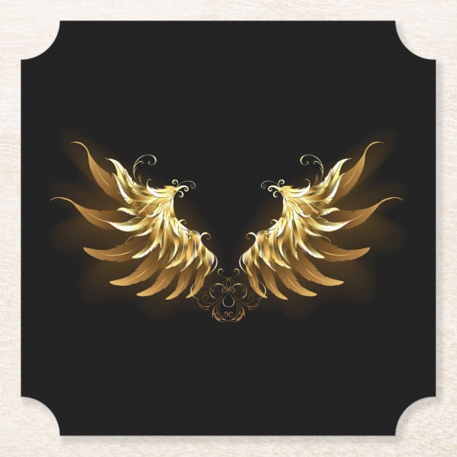 Golden Angel Wings on Black background Paper Coaster (Front)