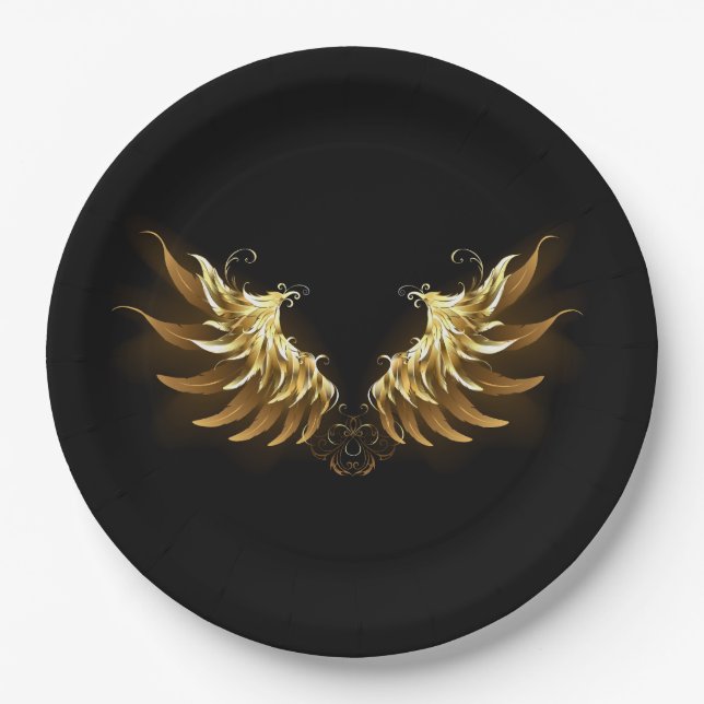 Golden Angel Wings on Black background Paper Plate (Front)