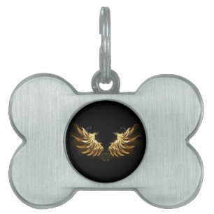 Golden Angel Wings on Black background Pet ID Tag
