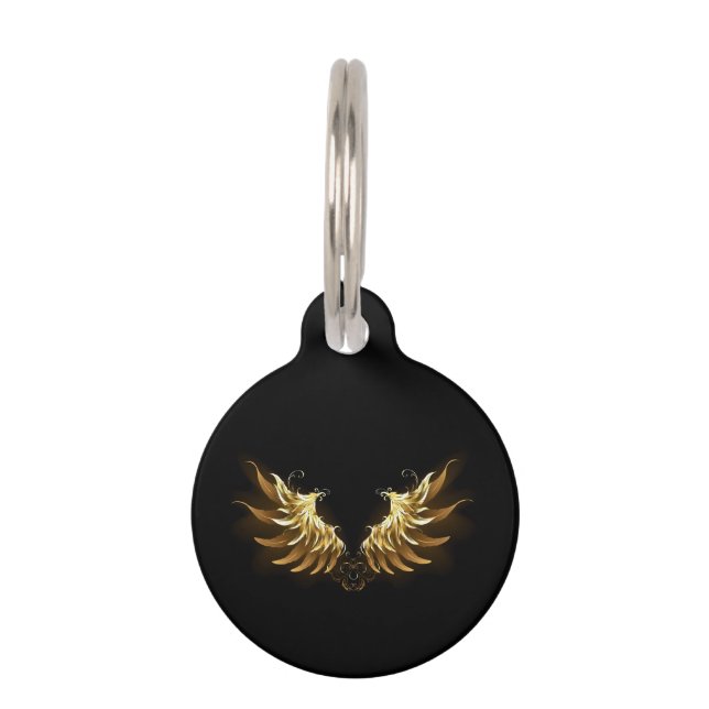 Golden Angel Wings on Black background Pet Tag (Front)