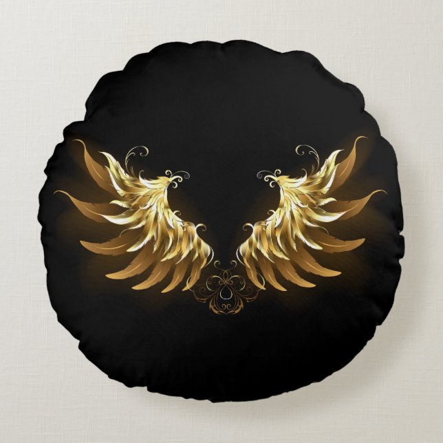 Golden Angel Wings on Black background Round Cushion (Front)