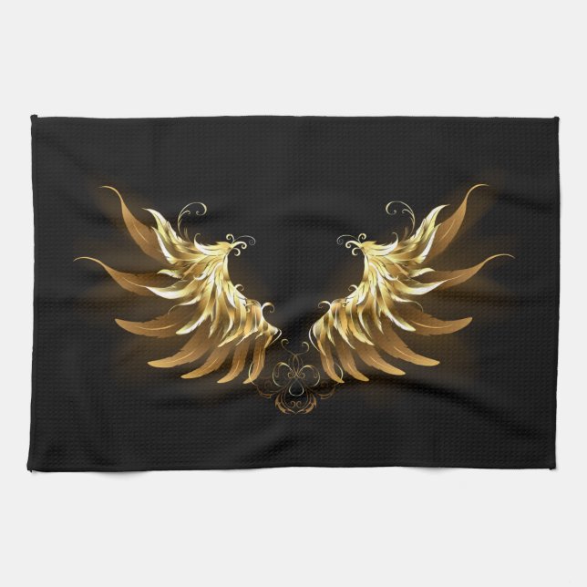 Golden Angel Wings on Black background Tea Towel (Horizontal)