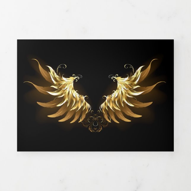 Golden Angel Wings on Black background Tri-Fold Announcement (Cover)