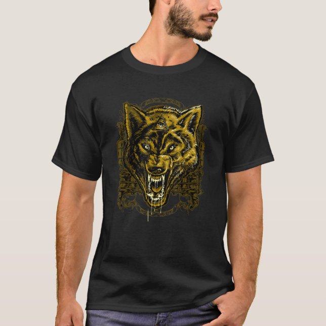 Golden Angry Illuminati Wolf T-Shirt (Front)