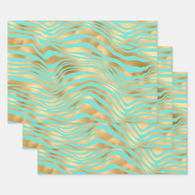 Golden Animal Print Mint Background Wrapping Paper Sheet (Set)