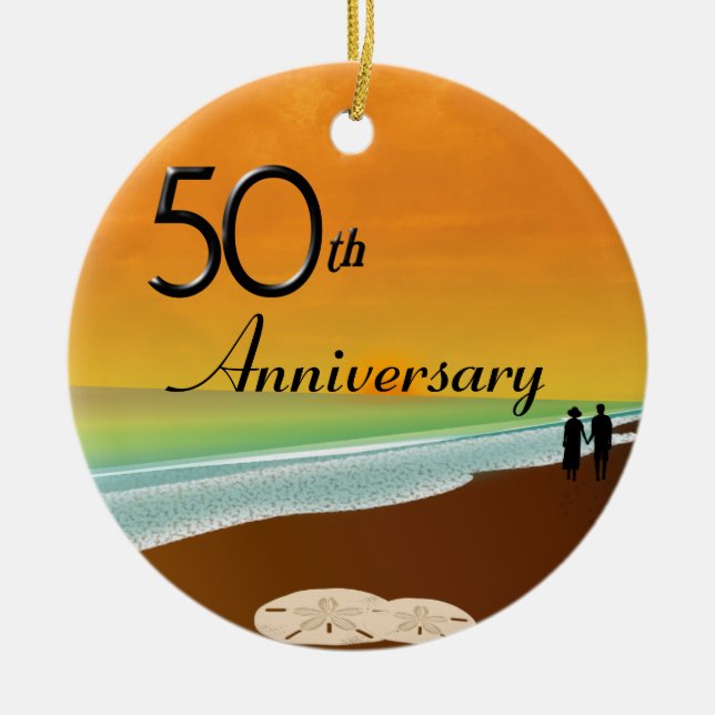 Golden Anniversary Beach Theme Ceramic Tree Decoration (Front)