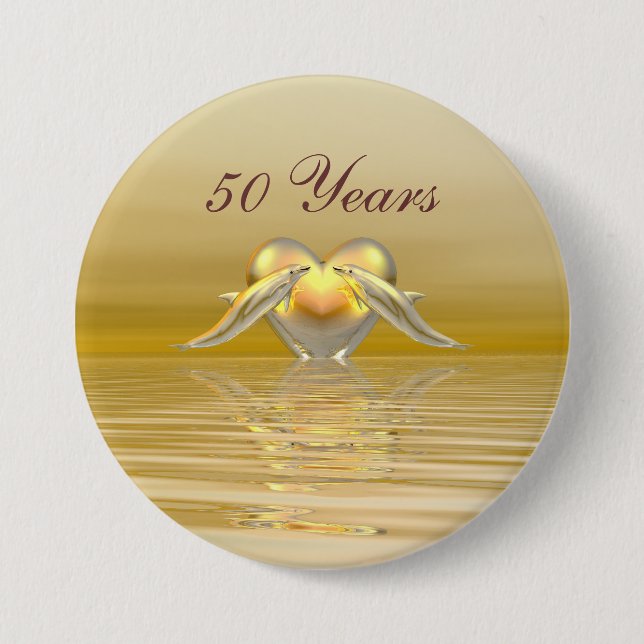 Golden Anniversary Dolphins and Heart 7.5 Cm Round Badge (Front)