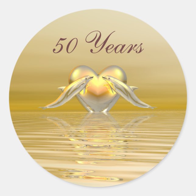 Golden Anniversary Dolphins and Heart Classic Round Sticker (Front)